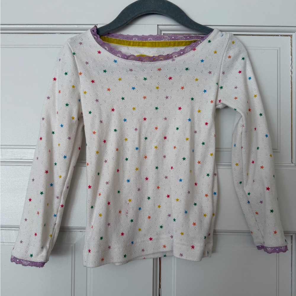 Boden 2T-3T White Long-Sleeve Star Print Tee with Purple Trim